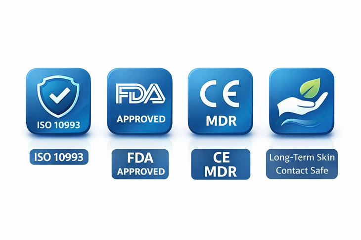 Icons representing ISO 10993, FDA, CE:MDR, and “Long-Term Skin Contact Safe”