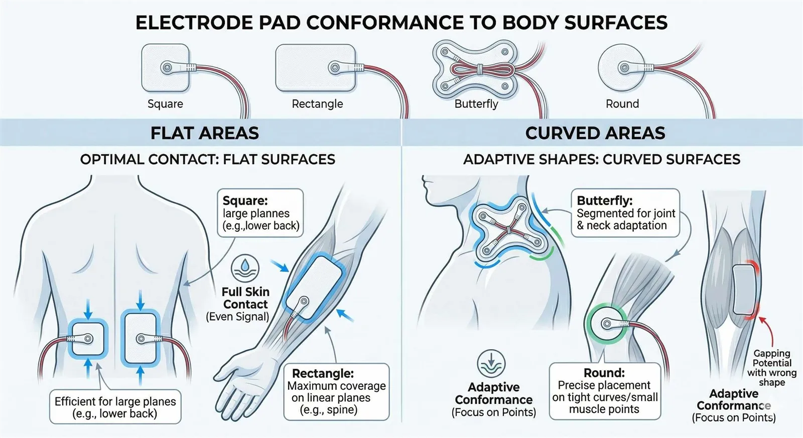different electrode pad shapes conform to body surfaces