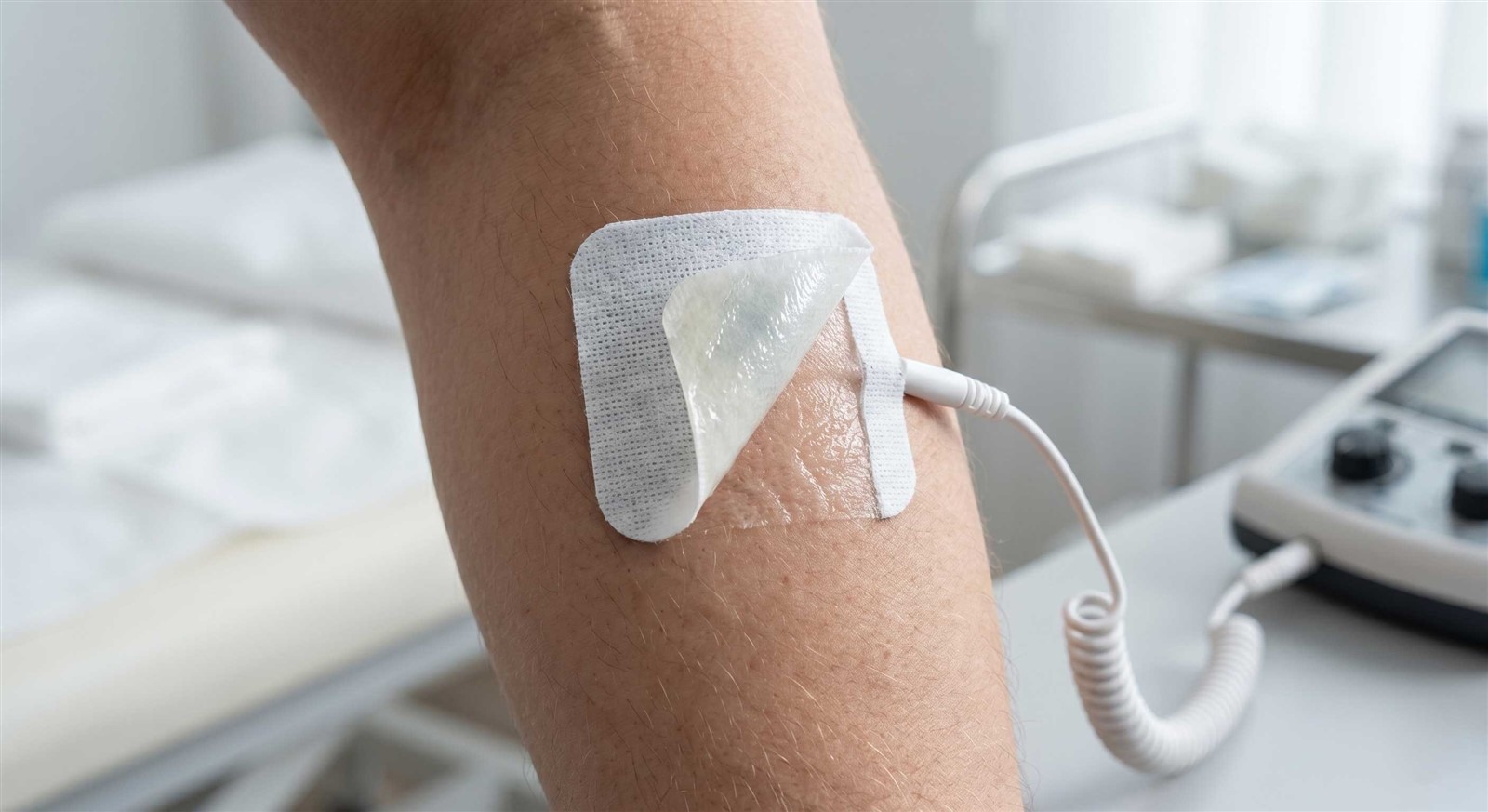 Close-up of TENS electrode pad partially peeling off skin Close-up of TENS electrode pad partially peeling off skin